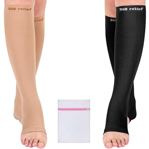 360 RELIEF 2 Paare Ohne Zehen Kompressionsstrümpfe Damen und Herren - 15-20mmHg Stützstrümpfe fur Flug, Reise, Krampfadern - Klasse 1 Offene Spitze Thrombosestrümpfe L-XL Beige+Schwarz mit Wäschenetz