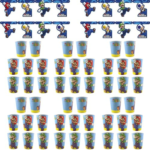 Super Mario Partyware - Carteles y vasos de papel, 4 pancartas y 48 tazas
