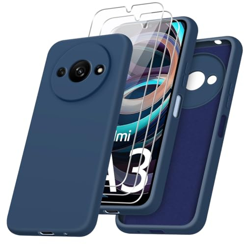 Funda para Xiaomi Redmi A3 con Tres Cristal Templado Protector de Pantalla, Azul Suave Silicona Protectora Carcasa para Xiaomi Redmi A3