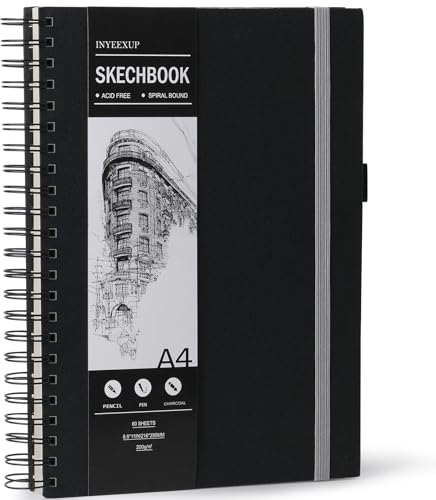 INYEEXUP Sketchbook A4, Spiral Bound Sketchbook with Hard Cover, 200gsm Thick Paper, A4 Thick Paper, Sketch Pad for Sketching, Illustration, Portrait,60 Sheets/120 Pages