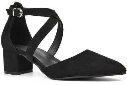 ESSEX GLAM Womens Strappy Ankle Strap Court Shoes Ladies Black Faux Suede Low Heel Point Toe Close Toe Pumps Size 6