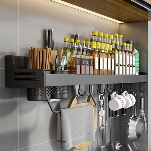 ZOKT Gewürzregal Wand, Regal Küche Ohne Bohren, Küchenregal Hängend mit Beweglichen Haken und 2 Utensilienhalter, Handtuchhalter, Messerhalter, Schwarz, 80cm