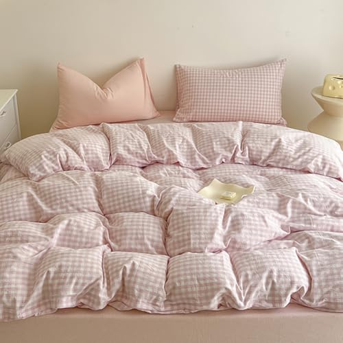 Nayoroom Bettwäsche 200x200 Kariert Rosa Weiß Karo Bettwäsche Set 3teilig Weich Kuschelig Gewaschene Microfaser Mädchen Bettbezug und 2 Kissenbezüge 80x80 cm mit Reißverschluss