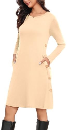 CHANGMU Jumper Dress for Women Knitted Dresses Ladies Long Sleeve Midi Tunic Casual Dress with Pockets Autumn, Nude, Medium
