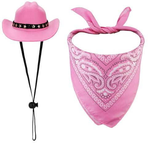 Costume da Cowboy per Animali, Costume da Cowboy per Cani Cappello da Cowboy per Cani e Bandana per Cani Sciarpa Costumi Halloween Cani Vestito per Cani di Piccola Taglia (Rosa)