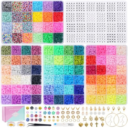 Moyofree 16000 Pcs Clay Beads Bracelet Making Kit,5 Boxes 96 Colors Flat Polymer Clay Heishi Beads A-Z Letter & Charms for Friendship Jewelry Making Kit DIY Crafts Gift for Teen Girls