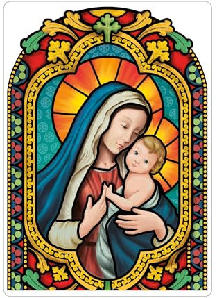 Fensterbild Winter Kirche Maria mit Kind, bunt farbig rund wiederverwendbarer Fensteraufkleber Mosaik Weihnachten, 3.A3 Bogen
