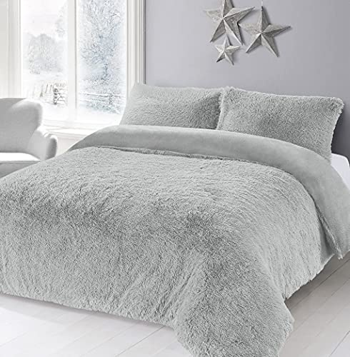 NIGHTS Teddy Bear Fleece Long Fur Cuddles Luxury Duvet Cover Set Warm Cosy Soft Teddy Bedding Set (Single, Double, King,Super King) (Silver, Double)