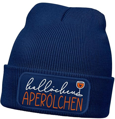 MoonWorks® Damen Beanie mit Patch Hallöchen Aperölchen Strickmütze mit Spruch Aufdruck Lustig Damenmütze Dunkelblau Unisize