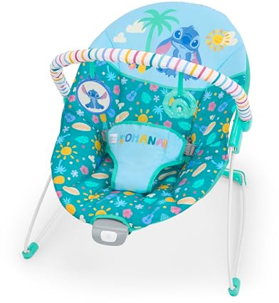 Bright Starts Disney Stitch Ohana Paradise Vibrierende Baby-Wippe, Abnehmbarer Spielbogen, 2 Spielzeuge enthalten, für 0-6 Monate