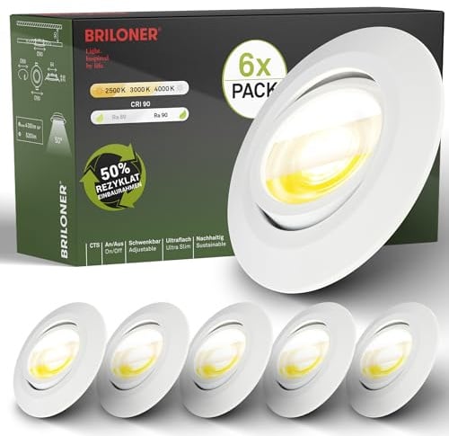 BRILONER - 6er Set LED Einbaustrahler 230V Gehäuse 50% recycelt, Schwenkbar, Ra90, Farbtemperaturwechsel, LED Spot, flach, Deckenspots, Einbauleuchten, 68mm Lochmass, 90x24mm (DxH), Weiß