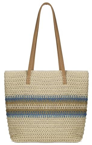 Woodland Leathers Women's Straw Shoulder Bag, Medium & Large Summer Beach Tote with Zipper, Durable Leather Handles, Women Holiday Shoulder Bag with Versatile Styles and Colours (Blue Strip)