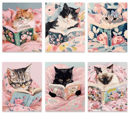 GOMAKERER 6 Stück Vintage Katzen Bücher Lesen Wandkunst Pinke Lustige Ästhetische Tierposter Minimalistische Drucke Trendige Adrette Wanddekoration Für Lesezimmer Wohnheim Heimdekoration (Ungerahmt)