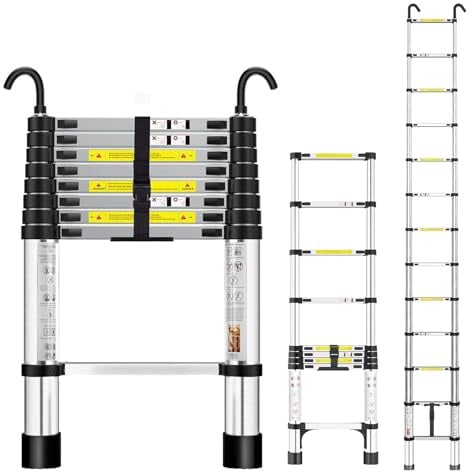 Rewing Telescopic Ladder Extendable Ladder 2.6M/8.53FT Stainless Steel Thickened High-Ladders extendable with Stabilizer Bar and Detachable Hooks, Multi Purpose Extendable for Roof Caravans Attic