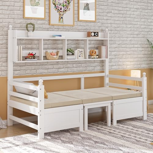 BXEYXE Multifunktionales Massivholz Schlafsofa 200x90 cm, 2-in-1 Bett und Schreibtisch, Frei Umbaubar, Mit Bücherregal Zur Aufbewahrung, Mit Bequemen Kissen, Gästebett Einzelholzbett, Weiß