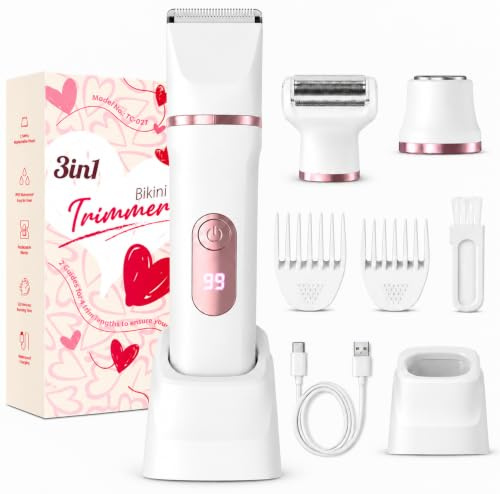 Rasierer Damen, 3-in-1 Intimrasierer für Frauen, für Körper & Intimbereich mit LED-Anzeige, Damenrasierer elektrisch IPX7, Wiederaufladbar mit USB-Ladestation, Trimmer Damen nass & trocken, Weiß