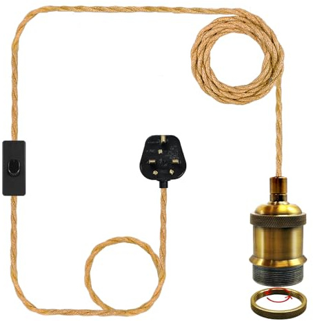 LAKONEI 510cm Plug in Hemp Rope Pendant Light, Antique Bronze E27 E26 Metal Lamp Holder with UK in Line Switch, Vintage Hanging Ceiling Light Kit for DIY Home Decor (Bulb Not Included)