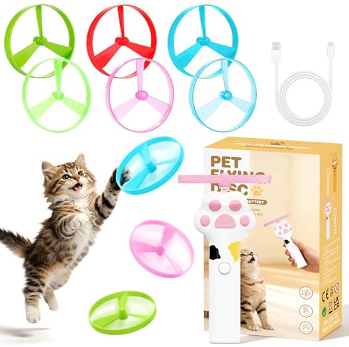 DVDVBOOM Interactive Cat Fetch Toy, Rechargeable Flying Disc Launcher with 6 Discs for Continuous Play, Anti-Boredom Hunting Toys for Indoor & Outdoor, Kittens & Adult Cats (White)