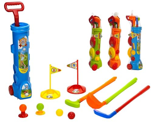 Golf Bambini Set Gioco Sacca con Ruote Trolley 3 Mazze 4 Palline 2 Buche con Bandierina 2 Tee Shot Gioco Golf Giochi Bambini Interno Esterno Giochi da Giardino Golf Giochi All'Aperto Set Mini Golf (a)