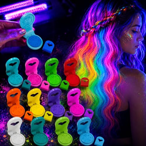 BZURTER UV Neon Haarkreide Set 12 Farben – Fluoreszierend unter Schwarzlicht, auswaschbar & haarschonend, mit Fruchtduft, für Festival, Fasching, Halloween, Kinder & Erwachsene