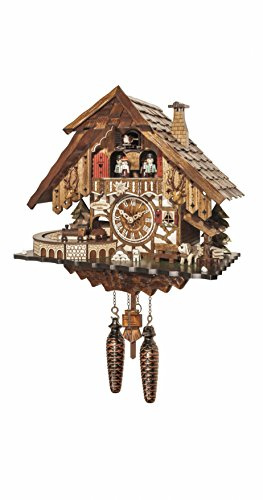 Engstler Quarz Kuckucksuhr Schwarzwaldhaus mit Musik, Tänzern und beweglichem Zug EN 48710 QMT