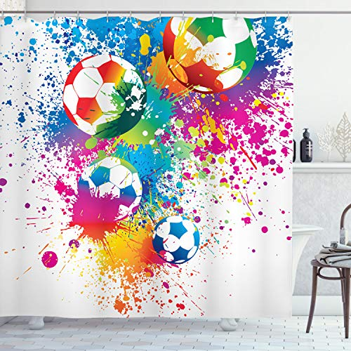 ABAKUHAUS Fußball Duschvorhang, Bunt spritzt Bälle, mit 12 Ringe Set Stielvoll Modern, 175x200 cm, Blau Orange Grün