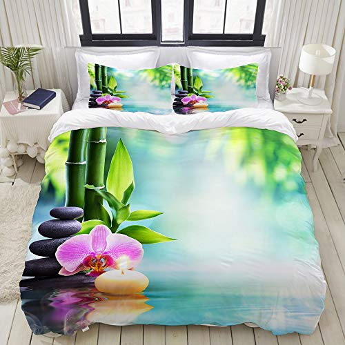 ALLMILL Bettwäsche-Set, Mikrofaser,Grüner Zen Spa Still Life Candle und Stein mit Bambus in der Natur auf Wasser-Orchidee,1 Bettbezug 135 x 200cm+ 2 Kopfkissenbezug 80x80cm