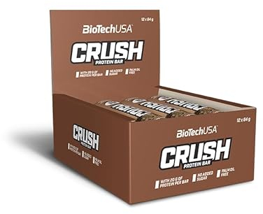 BioTechUSA Crush Bar Barre multicouche sans sucre ajoutée avec 20 grammes de protéines, 12 * 64 g, Chocolat-Brownie