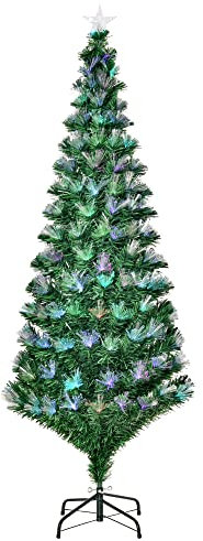 HOMCOM 6FT Multicoloured Artificial Christmas Tree w/Fibre Optic Lights Pre-Lit Modes Metal Stand Star Holder Home Seasonal Decoration