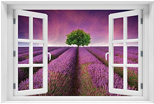 Wallario Glasbild 60 x 90 cm mit Fensterrahmen mit Fenster-Illusion: Lila Blumenfeld - Wandbild mit freischwebender Optik