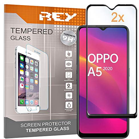 REY Protector de Pantalla 3D para OPPO A5 2020 - OPPO A9 2020, Negro, Protección Completa, 3D / 4D / 5D (Pack 2X)