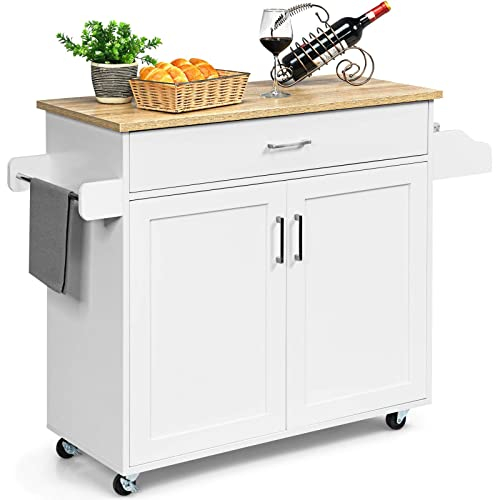 COSTWAY Dessert de Cuisine à roulettes Verrouillables, Ilot Central Cuisine Étagère Réglable sur 3 Niveaux, Grand Placard, Tiroir, Porte-épices et Porte-Serviettes, 40 x 116 x 85 cm (Blanc)