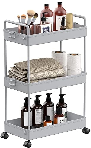 SOLEJAZZ 3-Tier-Aufbewahrungswagen Ausziehbarer Rollbarer Mehrzweckwagen Mobiler Aufbewahrungsregal-Organizer für Küche, Bad, Waschküche, Schlafzimmer, Enge Orte, Kunststoff, Grau