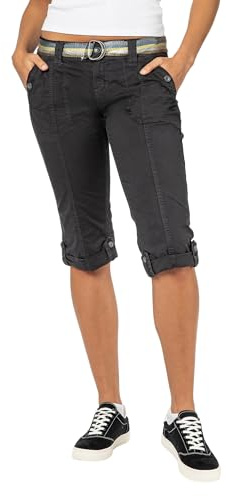 FRESH MADE Damen Capri-Hose 3/4-Shorts mit Metallic Gürtel Dark-Grey L