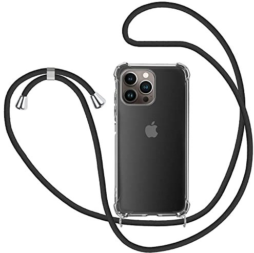 SAMCASE Coque avec Cordon pour iPhone 13 Pro, Transparent Silicone Collier Réglable Téléphone Étui Portable Lanière Housse - Noir