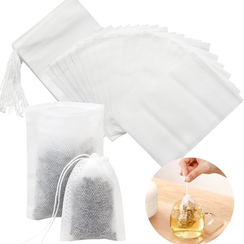 Luriseminger 200 Pezzi Sacchetti filtro per tè usa e getta, 9 x 10cm Sacco filtro in tessuto non tessuto, sacchetti filtro da tè vuoti con coulisse per tè, spezie, erbe aromatiche