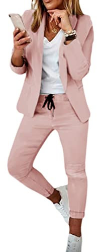 shownicer Tailleur Femme 2 Pièces Elegant Slim Fit Blazer Veste Formel Bureau Travail Pantalon Costumes Revers Manteau Ensemble A Rose L