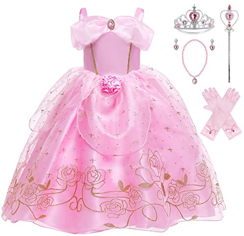 KANDEMY Fille Déguisement de Princesse Belle avec Accessoires Robe de La Belle et La Bête Princesse Costume pour Enfant Anniversaire Fête Noël Partie Carnaval Cosplay Robe Rose 120