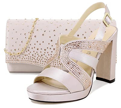 QUEEN HELENA Scarpe Eleganti con Tacco Strass e Plateau con Pochette Donna S2719 (Scarpa con Pochette Champagne, numeric_35)