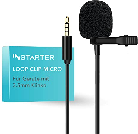 Instarter Lavalier Loop Clip Ansteckmikrofon - 360 Grad Klangaufnahme - mit 3,5 mm Klinkenanschluss, 6 m Kabel, Windschutz, Tasche, Klemme - klarer Sound - für Kamera, Smartphone, Tablet, PC