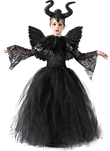 Disfraz de Halloween para niños y niñas, maléfica, disfraz de bruja, princesa, de punto, de tul, de fiesta, con alas de ángel, cuernos de diablo para carnaval, fiesta, cosplay, 3#negro, 8 – 10 años