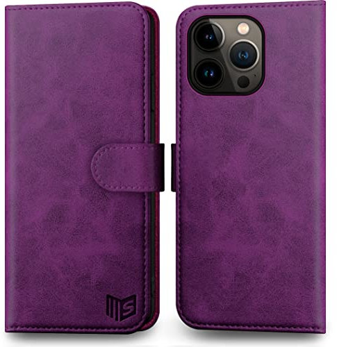 SUANPOT for iPhone 14 Pro 6.1 Genuine Leather Wallet case 【RFID Blocking】【4 Credit Card Holder】【Real Leather】 Flip Folio Book Phone case Protective Cover Women Men for Apple 14Pro 5G case Purple