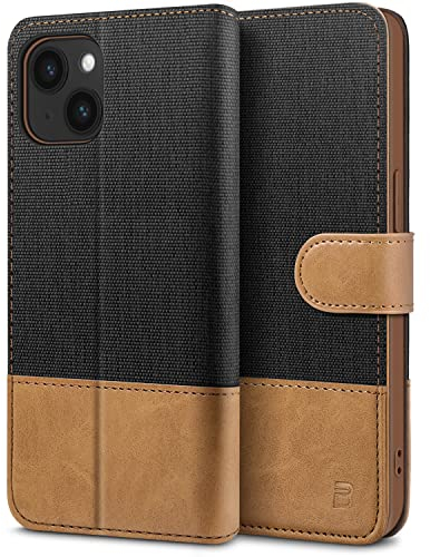 BEZ Handyhülle für iPhone 14 Hülle, Tasche Kompatibel für iPhone 14, Schutzhüllen aus Klappetui [Canvas Kunstleder] mit Kreditkartenhaltern [RFID Schutz], Ständer, Magnetverschluss, Schwarz