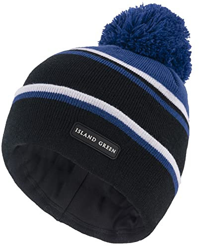 Island Green IGHAT2135 Herren Strickmütze mit weichem Innenband und Bommel, Schwarz/Blau/Weiß, Einheitsgröße