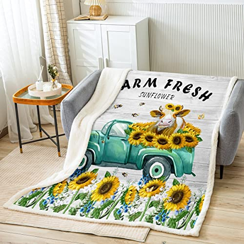 Sonnenblumen Bauernhaus Kinder Überwurfdecke, LKW, Kuh, Biene, Schmetterling, rustikale Bettdecke, Mädchen, Jungen, Erwachsene, Sofa-Dekoration, Holzplanke, Cottage-Fleecedecke, bunte flauschige
