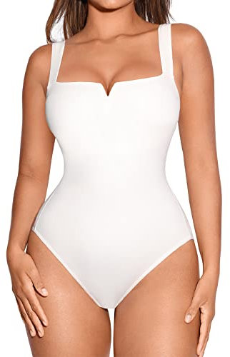 FeelinGirl Square Neck Bodysuit for Women Sleeveless Tummy Control Slimming Bodysuit Going Out Tank Tops White XL