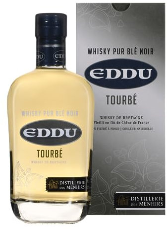 EDDU - Tourbé - Whisky Pur Blé Noir - Origine : France/Bretagne - Notes de Chocolat noir, Litchi, Poire et Poivre - Arômes fumés de la Tourbe - 43% Alcool - 70 cl