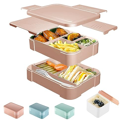CALIYO Brotdose Kinder mit Fächern, 1550ml Bento-Box,Auslaufsicher Lunchbox Kinder,Jausenbox für Schule/Büro/Picknick| BPA-frei | Mikrowellen- und Spülmaschinenfest | Kinder & Erwachsene(Beigerot)