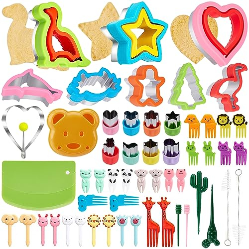 Ausstechformen Ausstecher Brot und Gemüse 55 Stück, Brotausstechformen für Kinder Sanwich Gemüse Obst Ausstecher, Edelstahl Cookie Cutter Dinosaurier Weihnachtsbaum Form mit Food Picks Obstgabeln