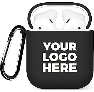 Tirita Personalised Custom Logo Image Text Case Compatible with Apple AirPods 1st & 2nd generation, Wireless Charging, Carabiner Hook, Corporate Gifting Presentation [01- Logo Image on Black]